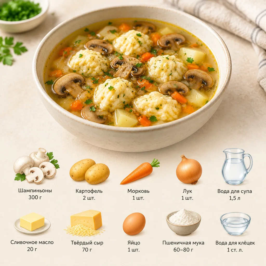 Грибной суп с сырными клёцками 🤤