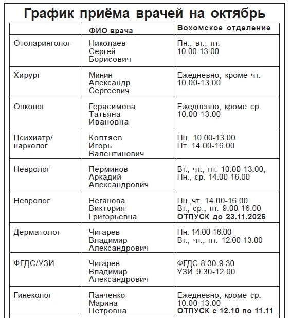 График приёма врачей на октябрь