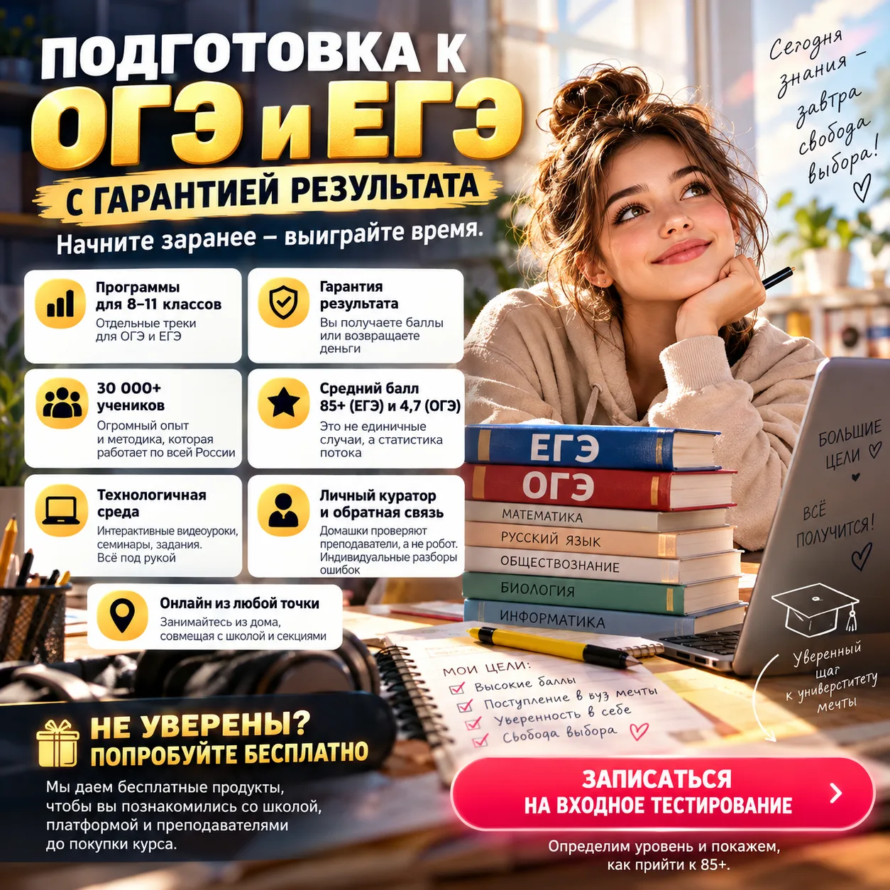 Подготовка к ОГЭ и ЕГЭ с гарантией результата. Начните заранее — выиграйте время.