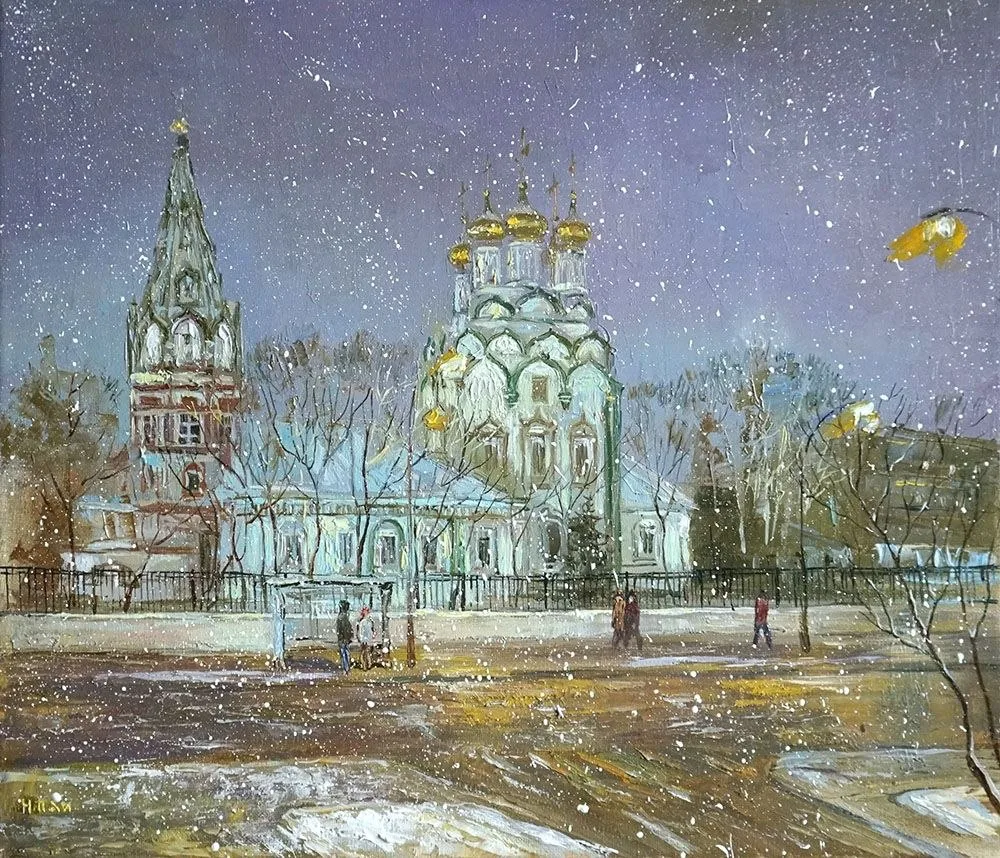 Картина художницы Нины Панюковой «Лёгкий снег в Хамовниках», написана маслом ❤