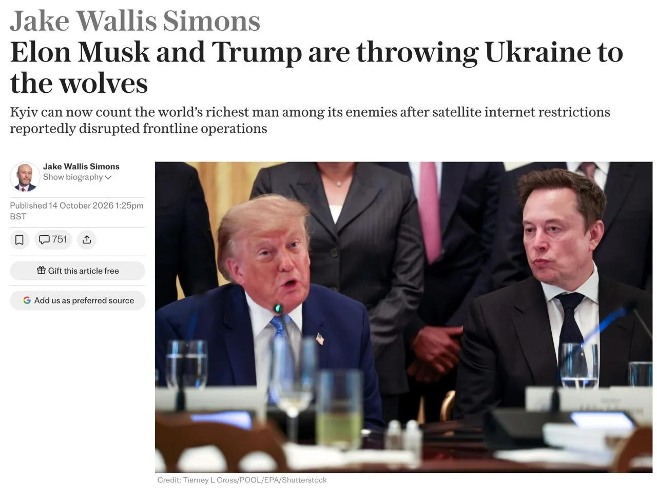 Маск и Трамп бросили Украину на растерзание волкам — британский The Telegraph.