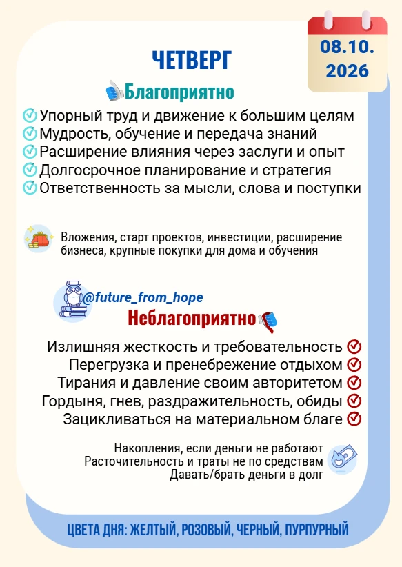 Это день для упорной работы ради больших целей, обучения и расширения через порядок и т...