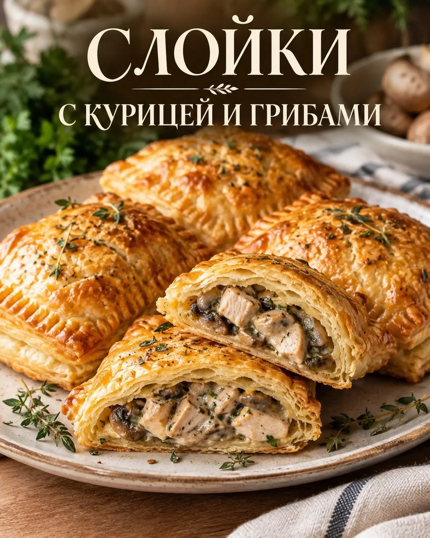 Слойки с курицей и грибами — простая, красивая и очень вкусная выпечка. Хрустящее слоён...