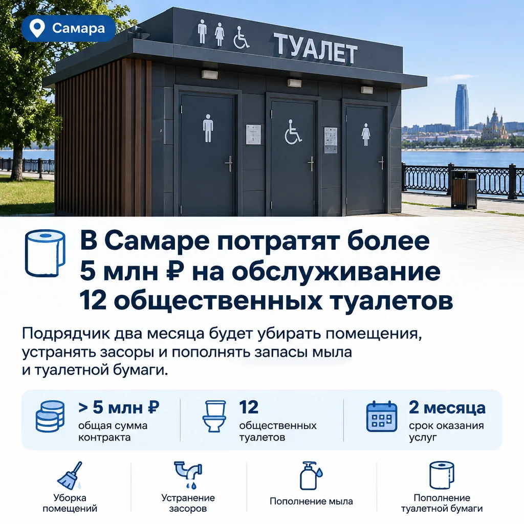 🧻 В Самаре потратят более 5 млн ₽ на обслуживание 12 общественных туалетов