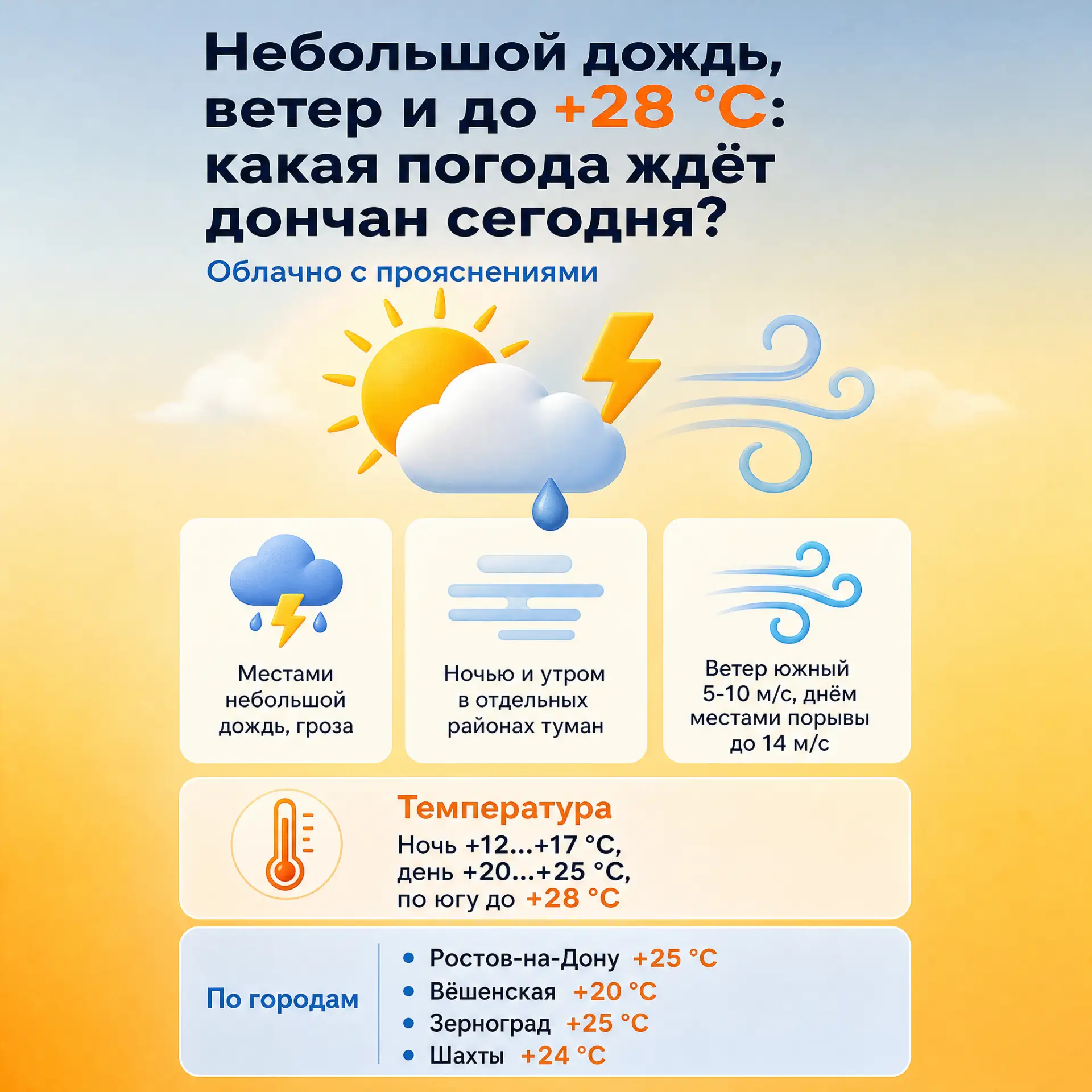 Небольшой дождь, ветер и до +28 °С: какая погода ждёт дончан сегодня?