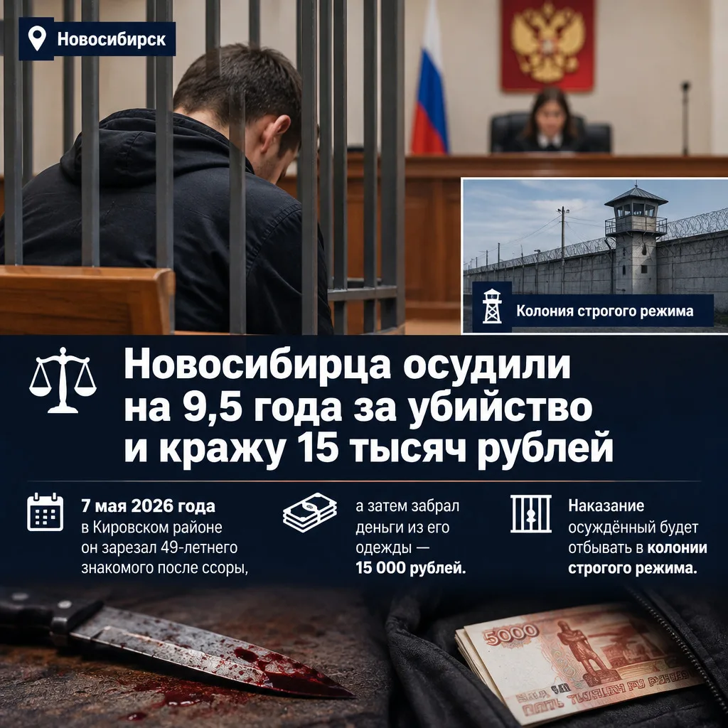 ⚖️ Новосибирца осудили на 9,5 года за убийство и кражу 15 тысяч рублей