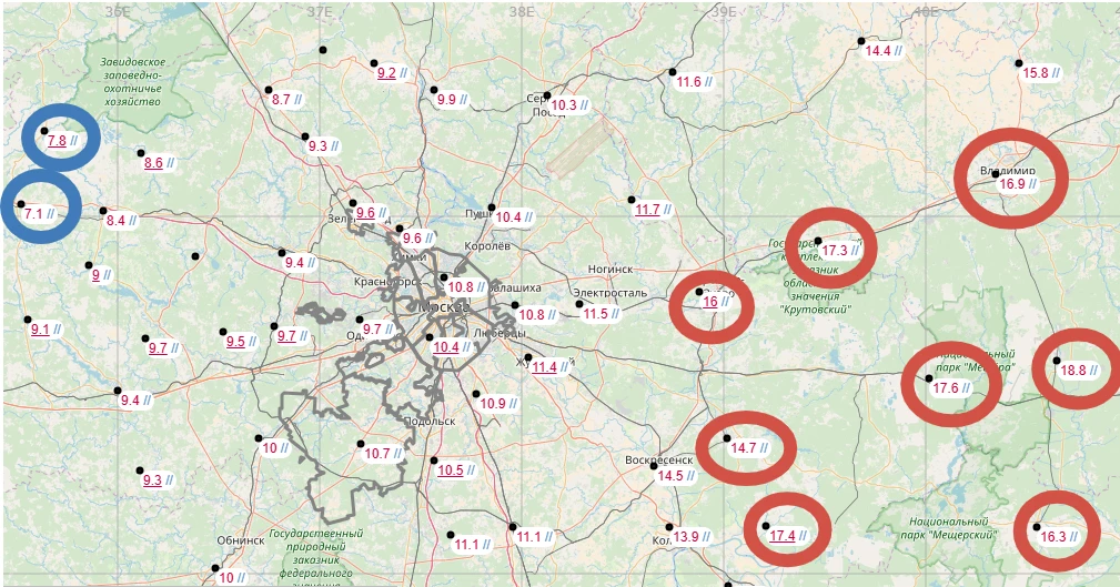 Температура воздуха в 12:00 на востоке Подмосковья поднялась до +17°, в городе держится...