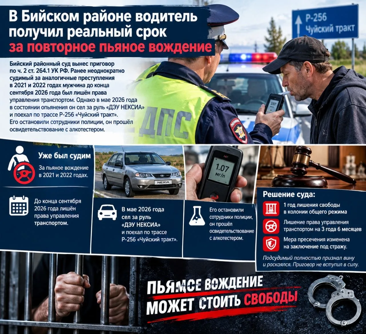 В Бийском районе водитель получил реальный срок за повторное пьяное вождение