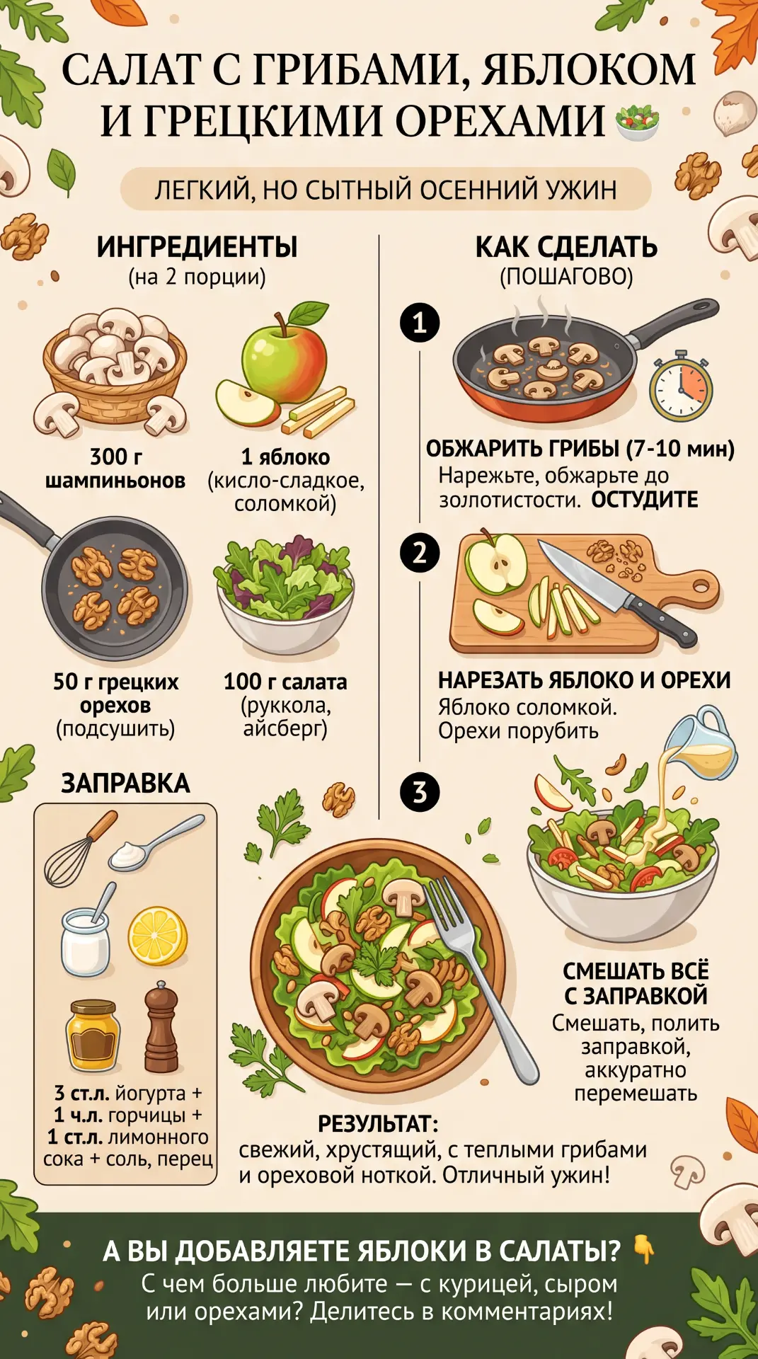 Салат с грибами, яблоком и грецкими орехами 🥗Лёгкий, но сытный салат — идеально для ос...