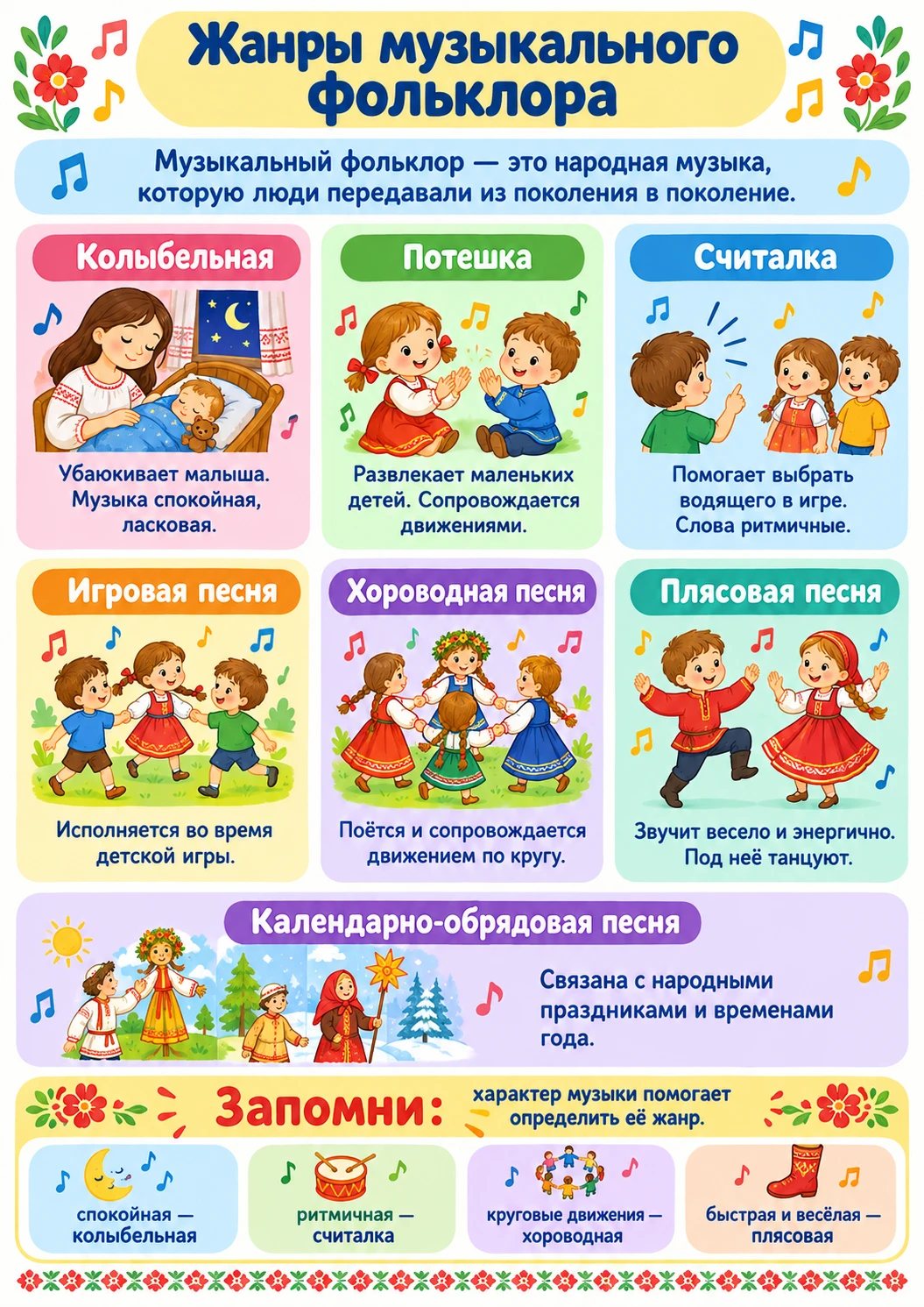 Памятка 3 класс. Тема: жанры музыкального фольклора. Можно использовать, как вклейку в ...