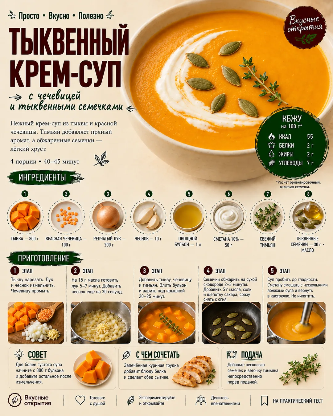 Тыквенный крем-суп с красной чечевицей и тыквенными семечками