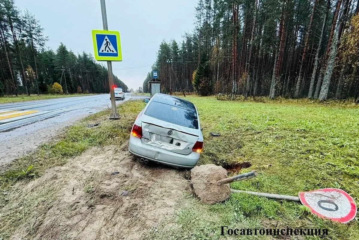 Пассажир в ЦРБ: под Вытегрой водитель иномарки снес дорожный знак
