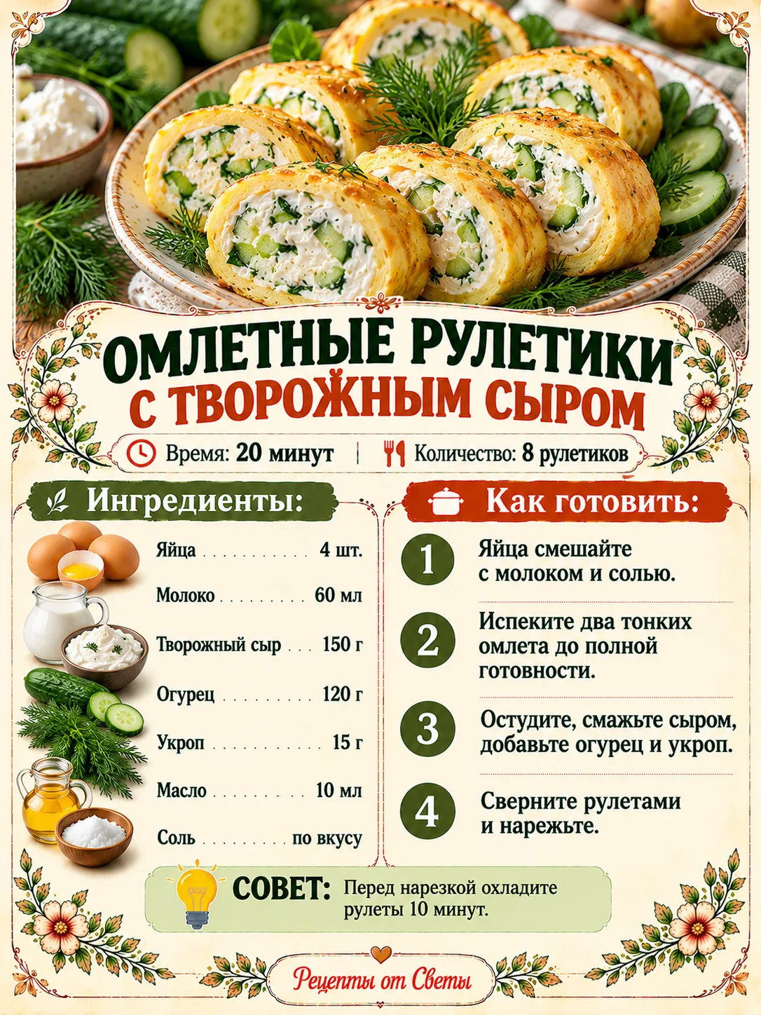 🍳 Омлетные рулетики с творожным сыром, нежные, аппетитные и такие нарядные, что обычны...