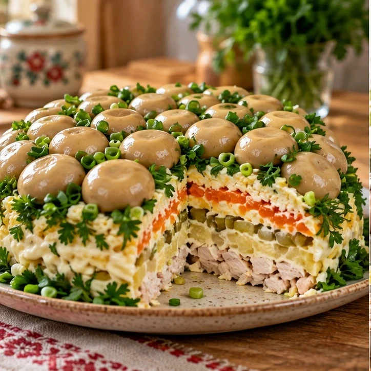 🍄 Салат «Грибная поляна» с курицей и шампиньонами