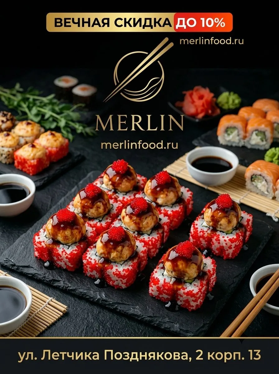 🍣 Премиум-роллы прямо в вашем районе! В ЖК «Дыхание» открылся суши-бар Merlin ⚡️