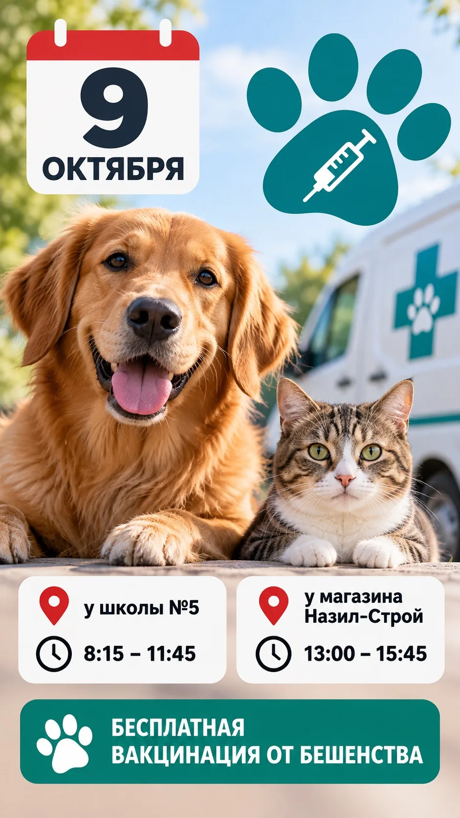 📢 Бесплатная вакцинация животных от бешенства в Высокогорском районе