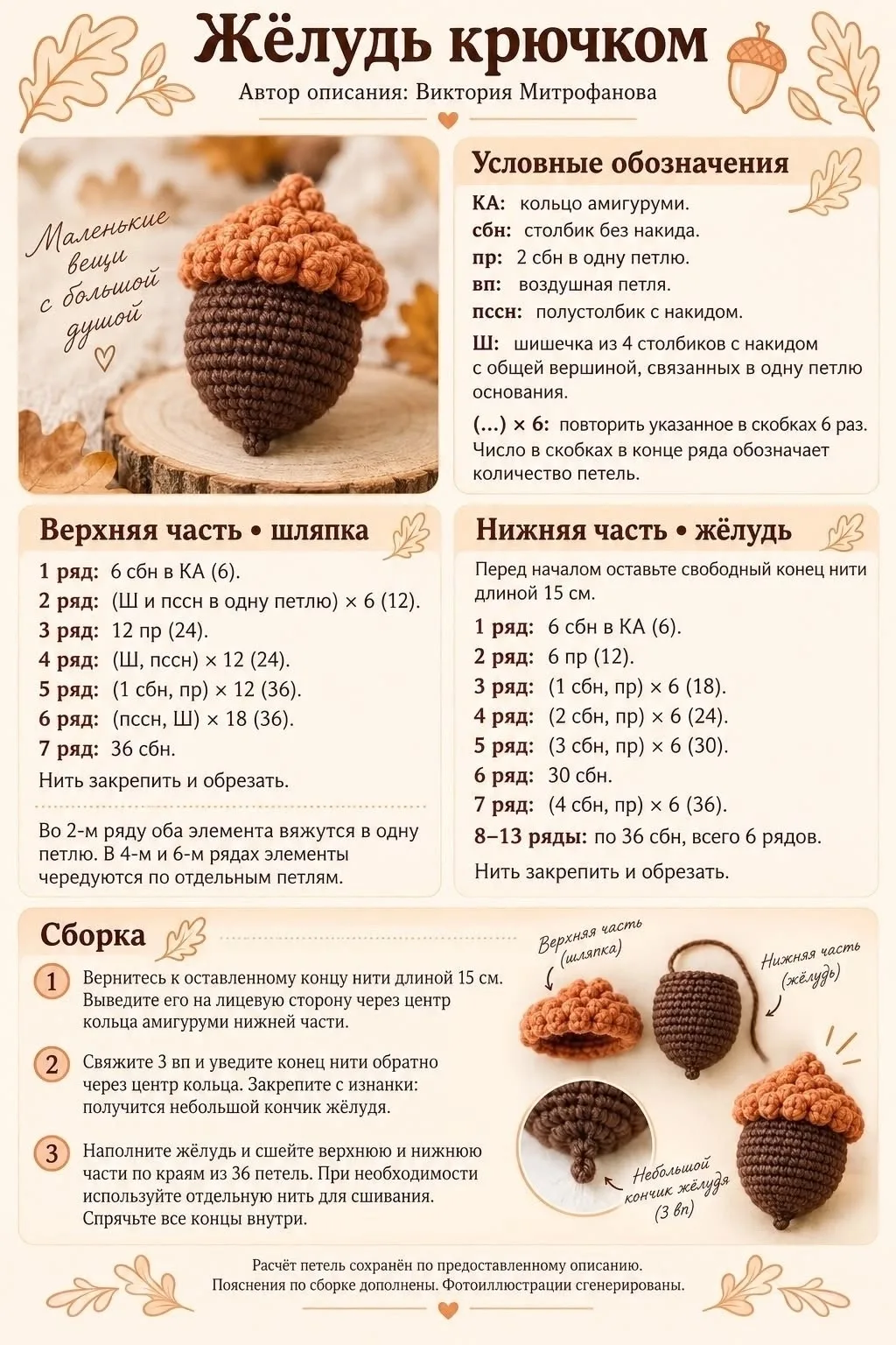 Описание вязания желудя крючком, нашла в свободном доступе ✨