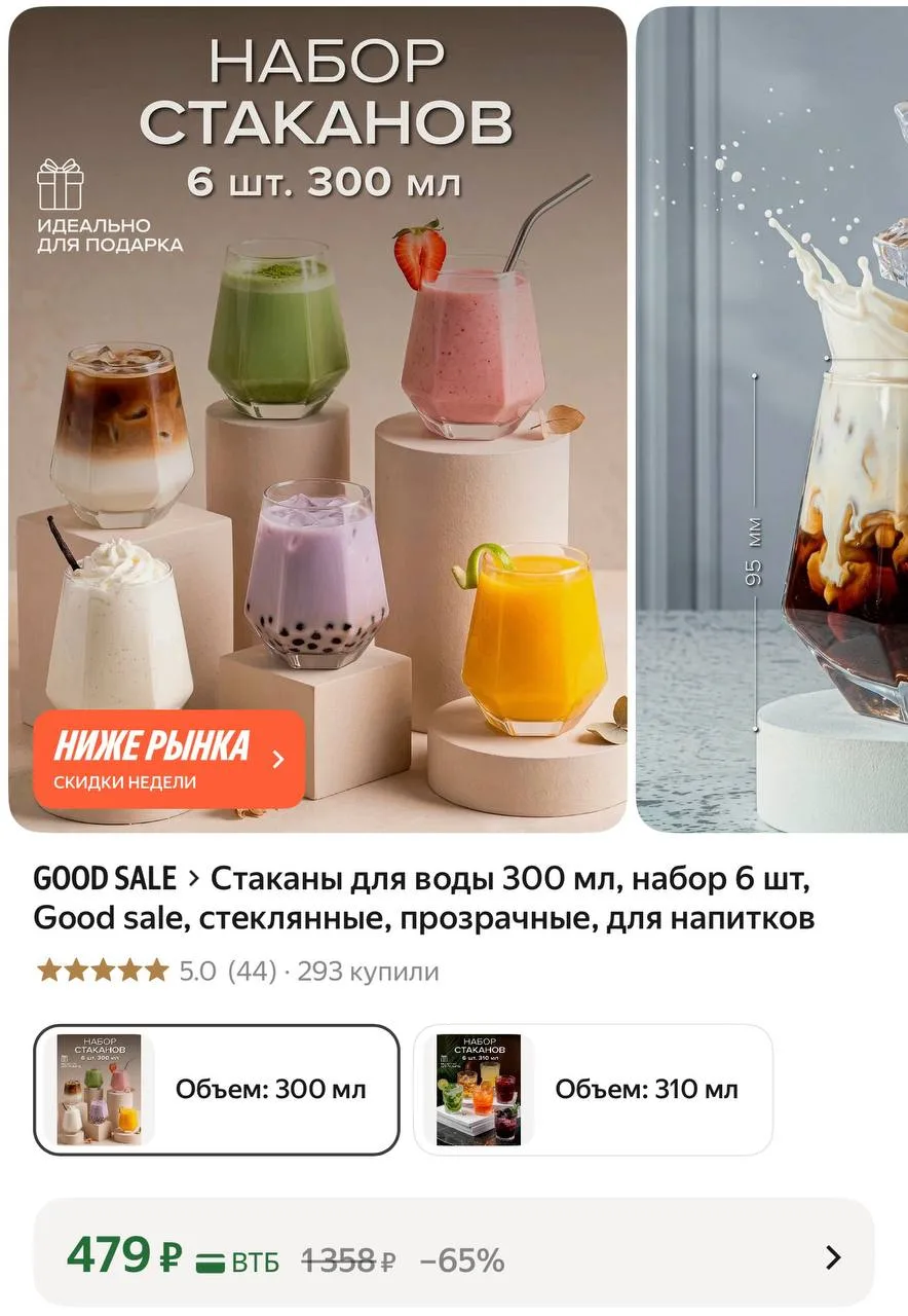 Стаканы для воды 300 мл, набор 6 шт, Good sale, стеклянные, прозрачные, для напитков