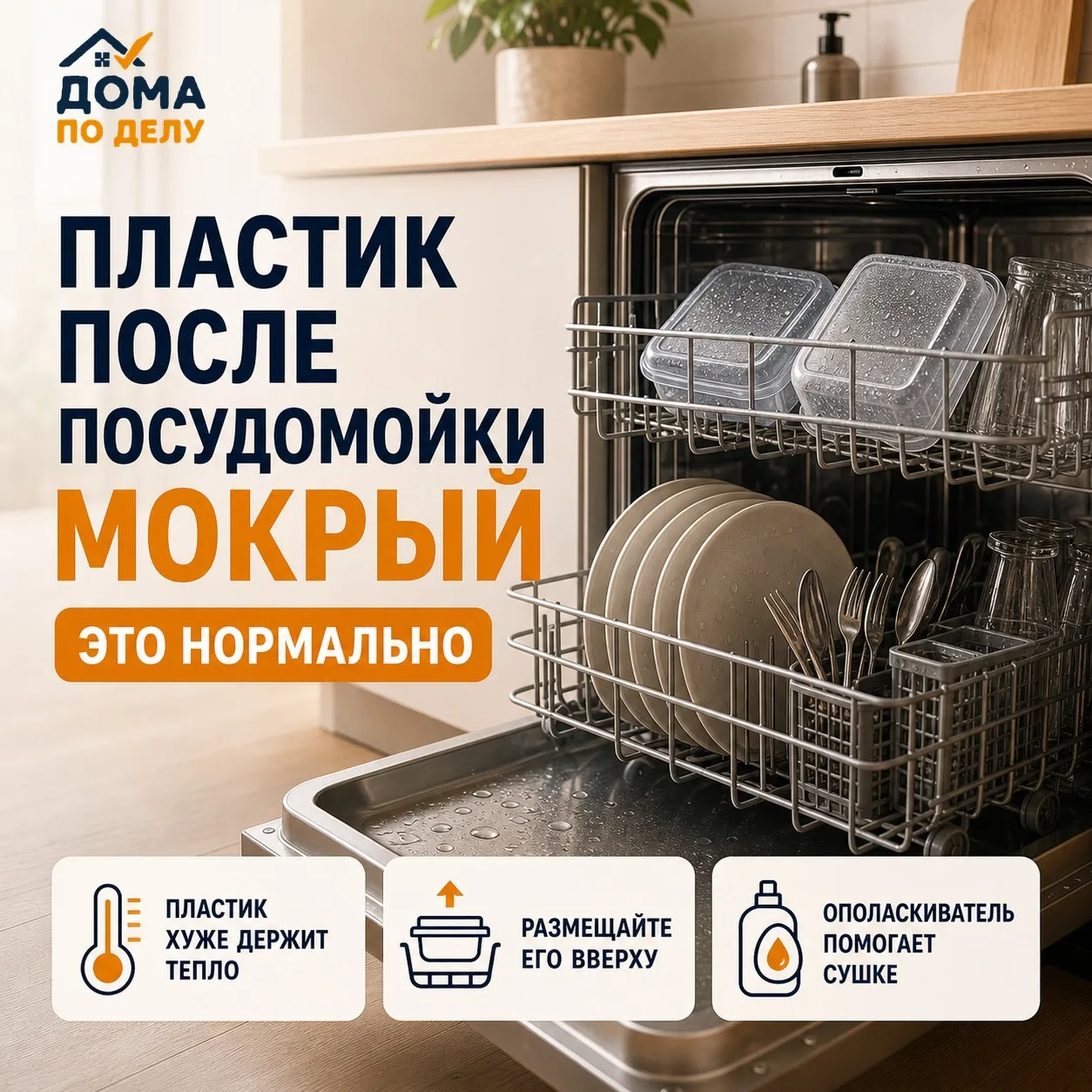 💦 Тарелки сухие, а пластиковые контейнеры после посудомойки мокрые. Это нормально?