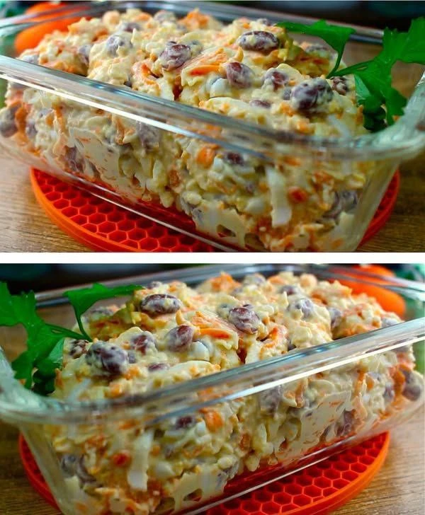 Приготовим очень вкусный салат с банкой фасоли. Простое, питательное и недорогое блюдо