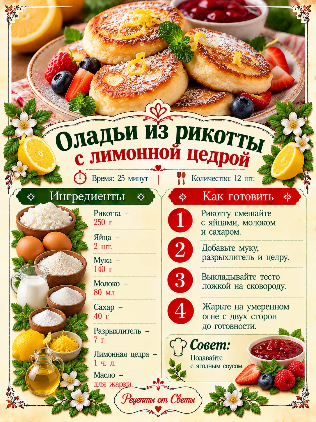 🥞 Румяные оладушки из рикотты с лимонной цедрой, такие нежные, что завтрак легко превр...