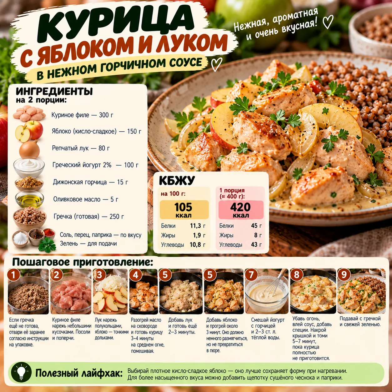 🍎 КУРИЦА С ЯБЛОКОМ И ЛУКОМ В НЕЖНОМ ГОРЧИЧНОМ СОУСЕ + ГРЕЧКА