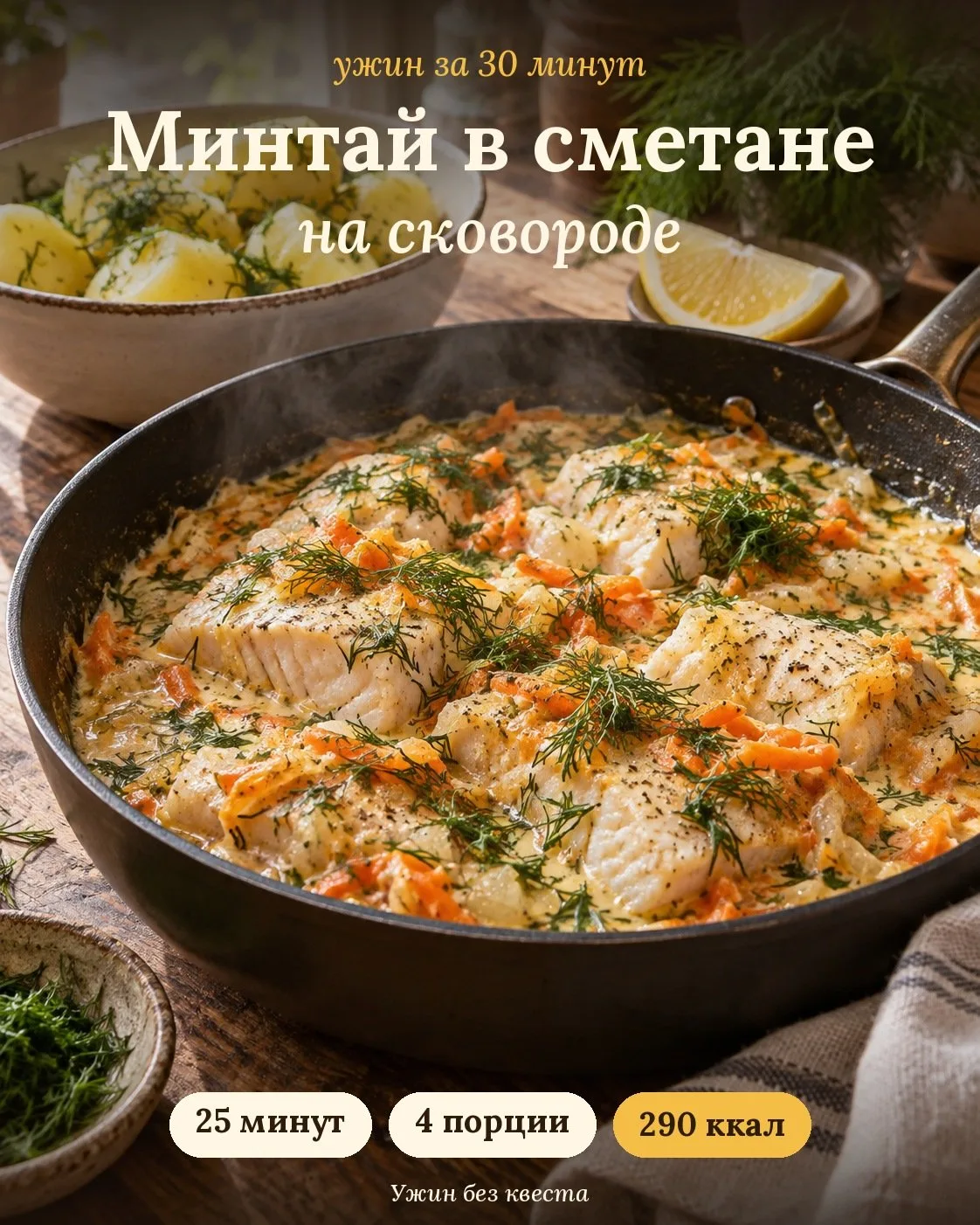 Минтай в сметане на сковороде: рыба, которую едят даже дети 🐟