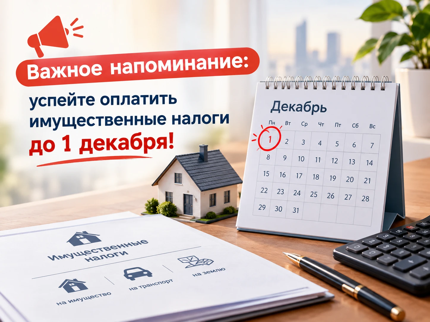 📬 Важное напоминание: успейте оплатить имущественные налоги до 1 декабря!