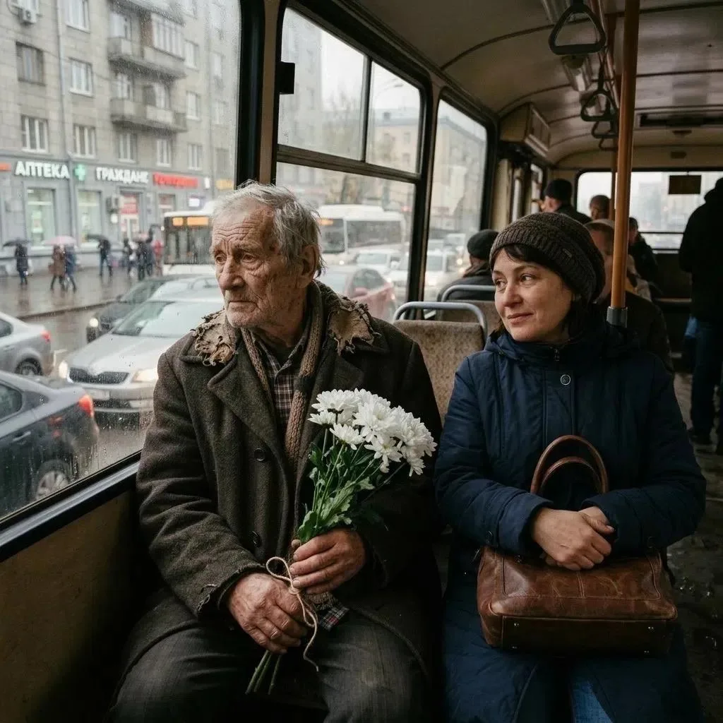 В автобусе осталось всего одно свободное место — у окна, рядом с пожилым мужчиной в пот...
