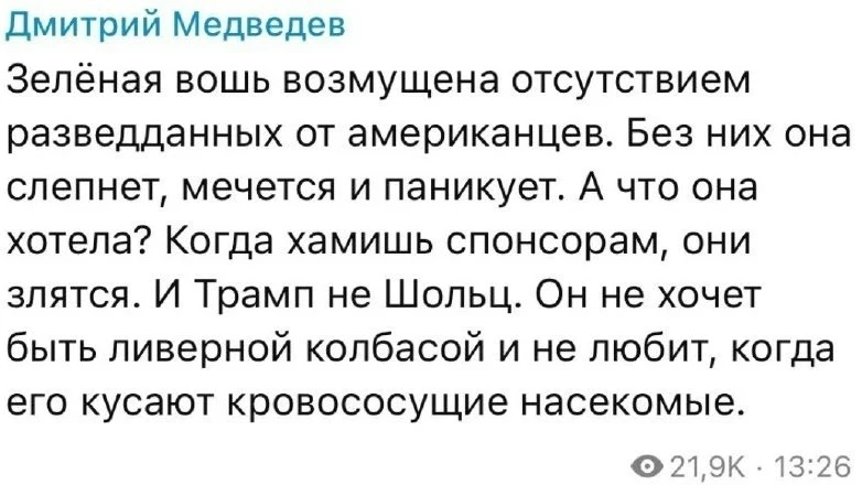 "Зеленая вошь возмущена" — зампред Совбез РФ Дмитрий Медведев об ограничении SpaceX на ...