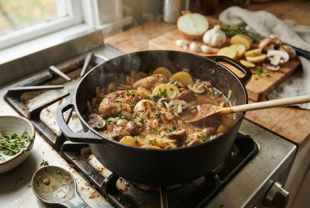 Тушеная курица с грибами и картофелем — это простое и сытное блюдо для осеннего ужина. ...