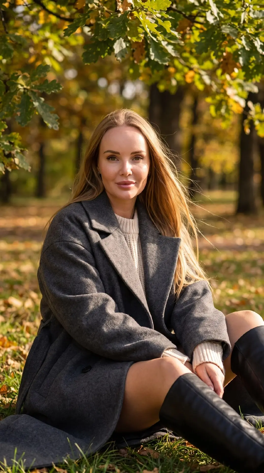 Не меняй внешность с фото Создай реалистичный осенний fashion-портрет девушки , сидящей...