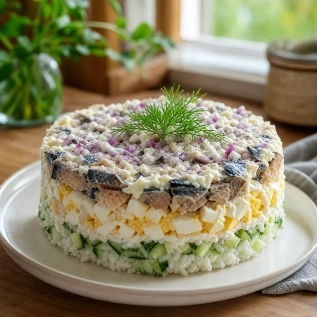 Слоеный салат с сайрой