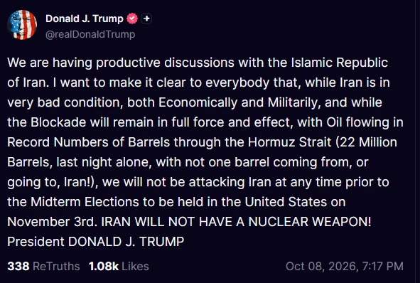 🇺🇸 Трамп пообещал не атаковать Иран до выборов 3 ноября
