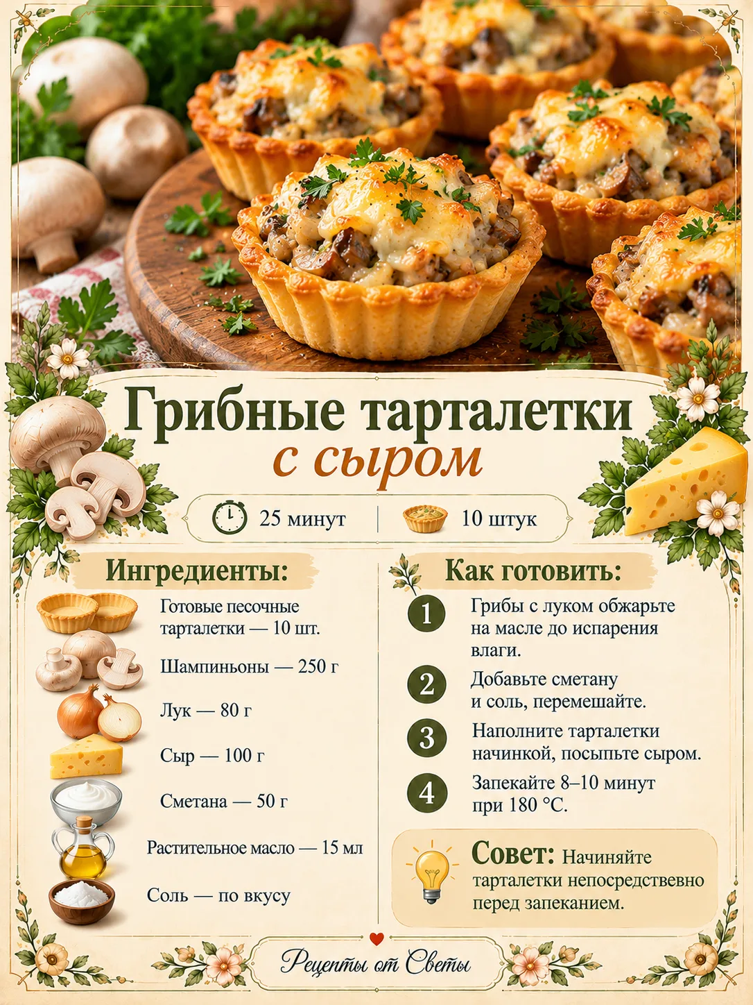 🍄 Румяные грибные тарталетки под сырной корочкой, которые украсят стол и в будни, и в ...
