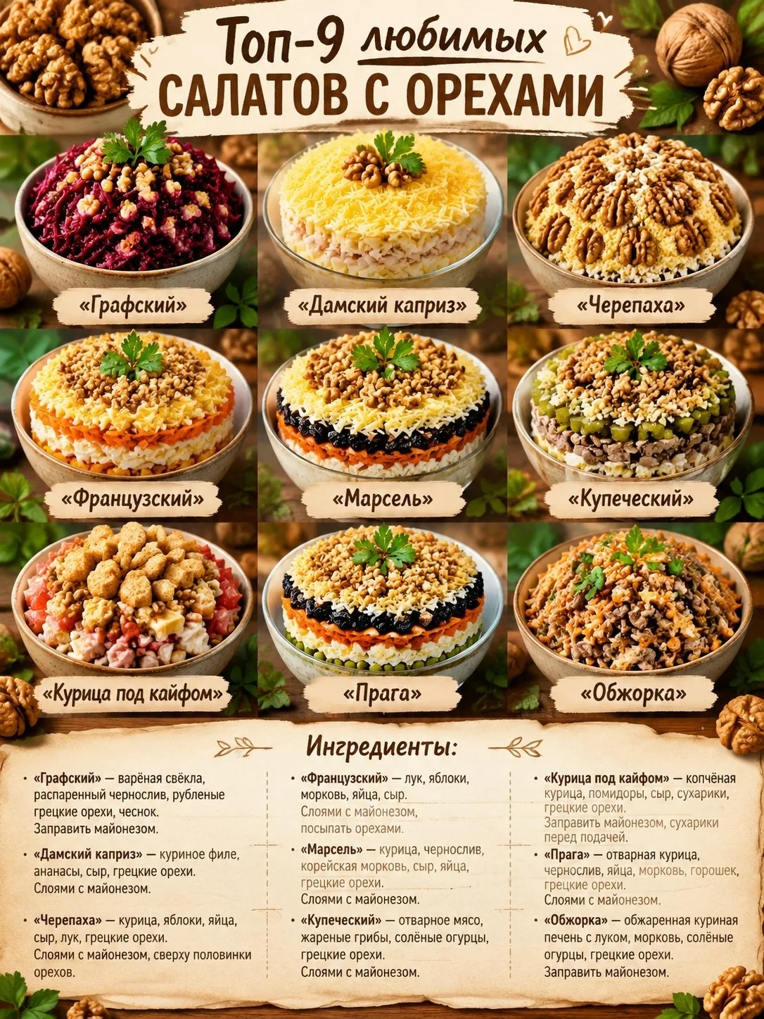 Топ-9 любимых салатов с орехами. Сохраняй себе в копилку рецептов