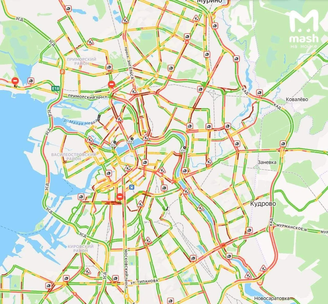 Петербург застыл в глухих 9-балльных пробках.