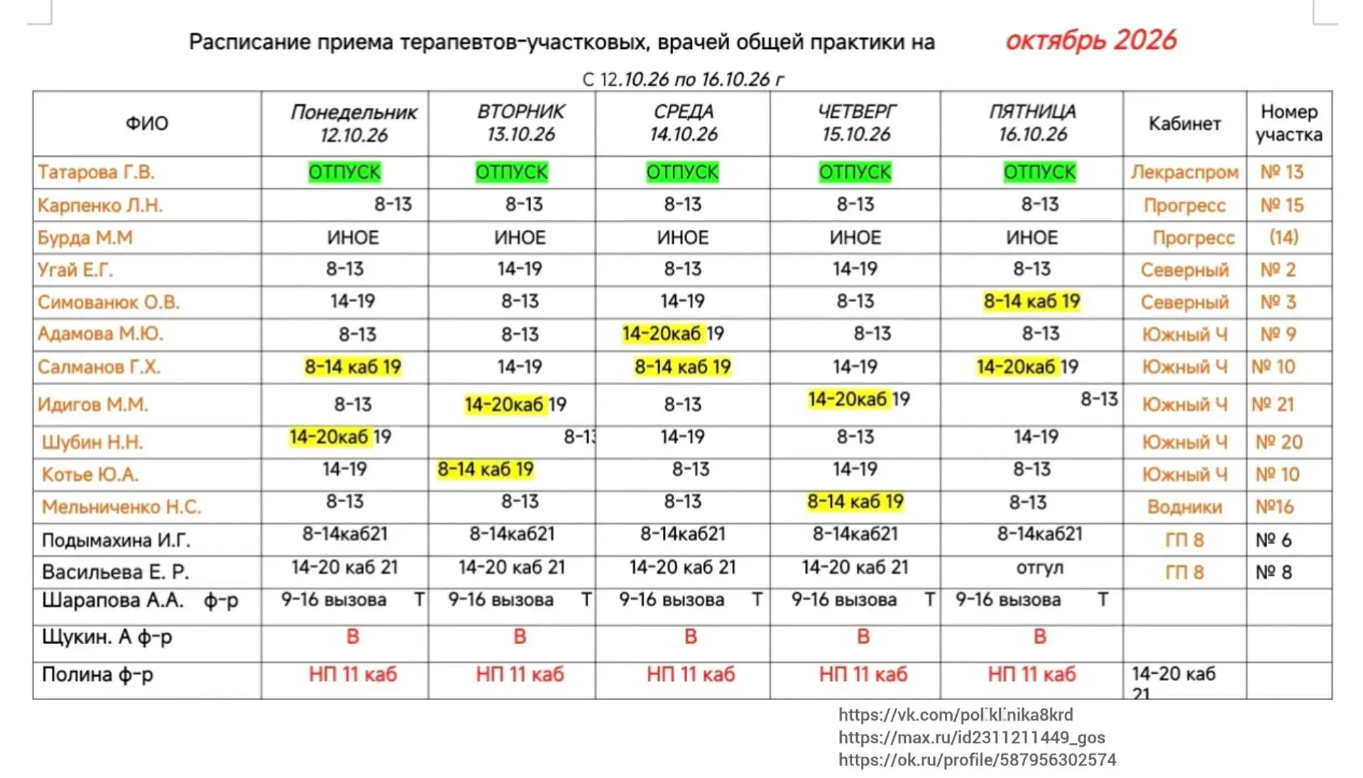 Графики работы терапевтов взрослого отделения поликлиники  №8, педиатров и узких специа...