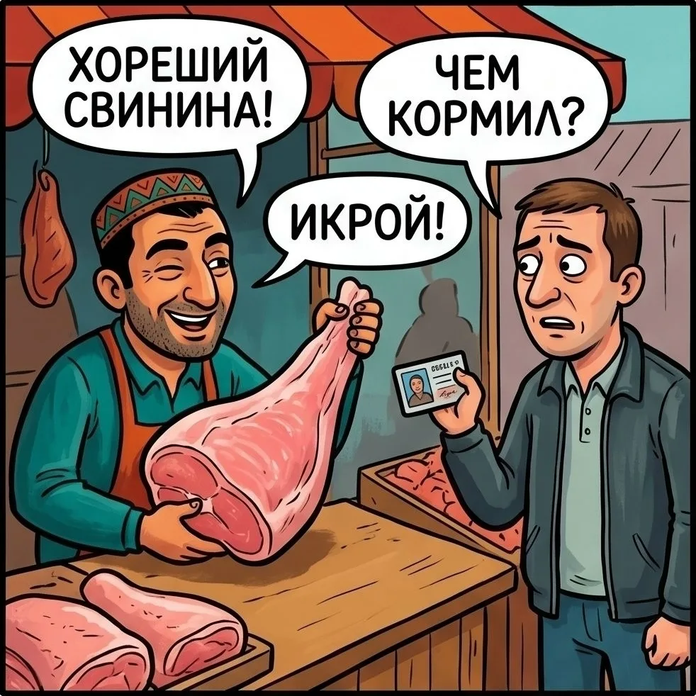 На рынке армянин реализует свинину. К нему подходит мужчина: