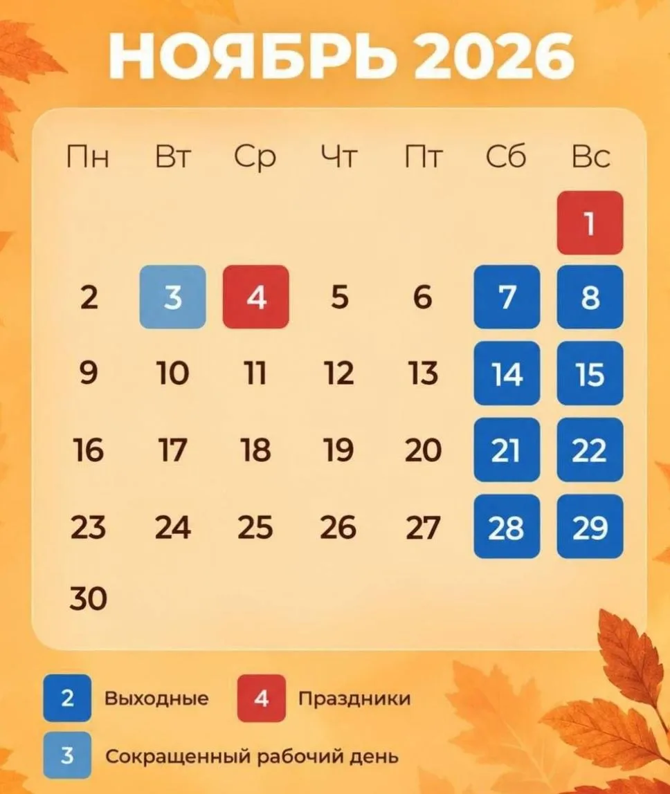 🗓 Минтруд утвердил график выходных на ноябрь 2026 года