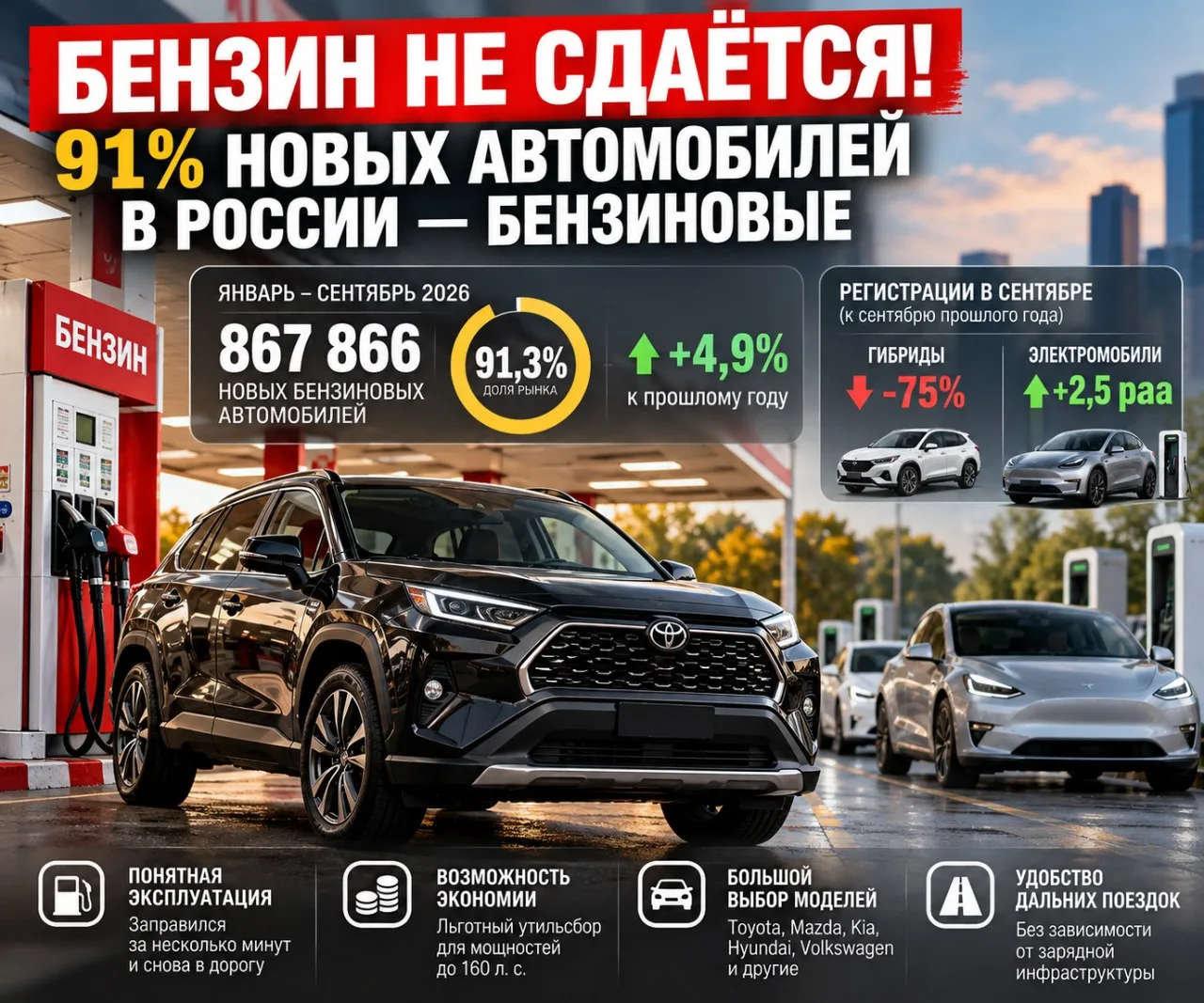 🚗🔥 БЕНЗИН НЕ СДАЁТСЯ! 91% НОВЫХ АВТОМОБИЛЕЙ В РОССИИ — БЕНЗИНОВЫЕ